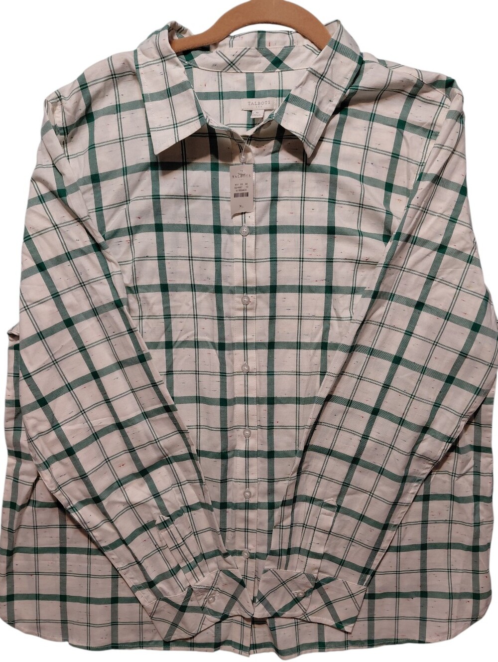 Talbots White and Green Plaid Long-Sleeve Button-Down Shirt With Colorful Accent